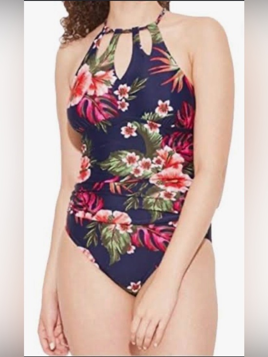 Kona Sol Other - Kona Sol Keyhole Braided Strap One Piece Swimsuit Navy Tropical Hibiscus Size24W